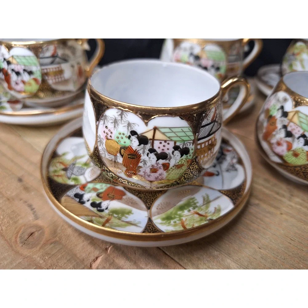 Antique Japanese Satsuma Eggshell‎ Porcelain Tea Cups & Saucers Set of 10 Geisha